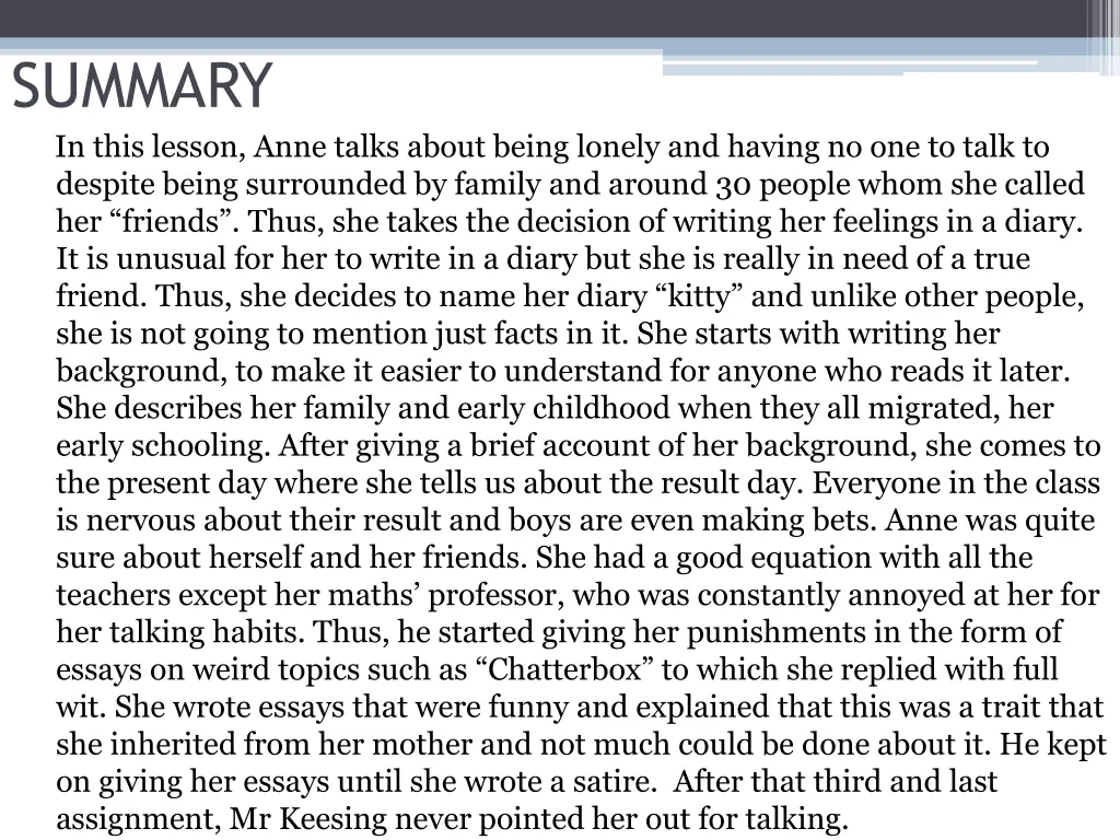 summary in this lesson anne talks about being