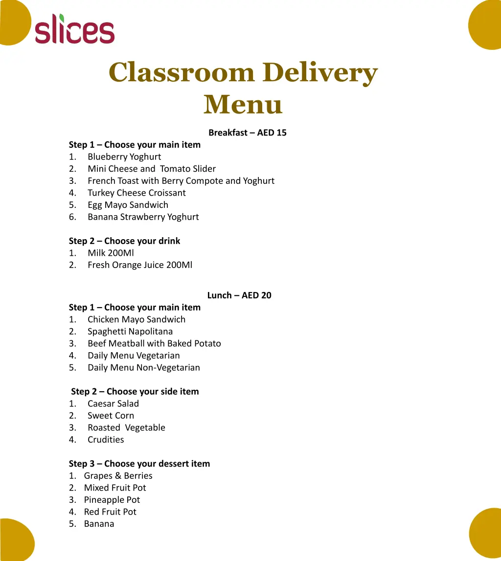 classroom delivery menu