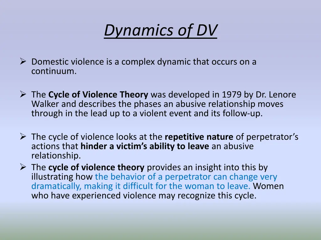 dynamics of dv