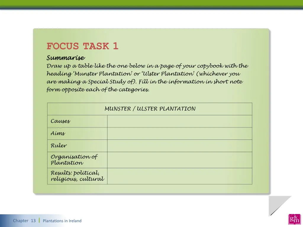 focus task 1 summarise summarise draw up a table