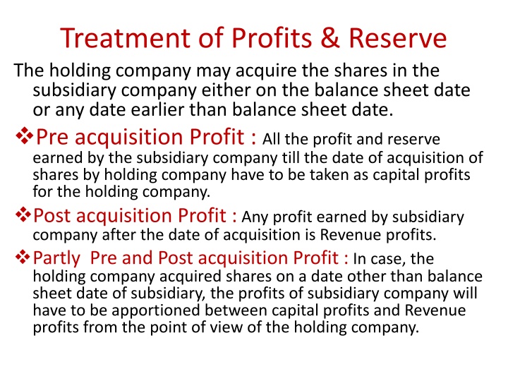 treatment of profits reserve the holding company