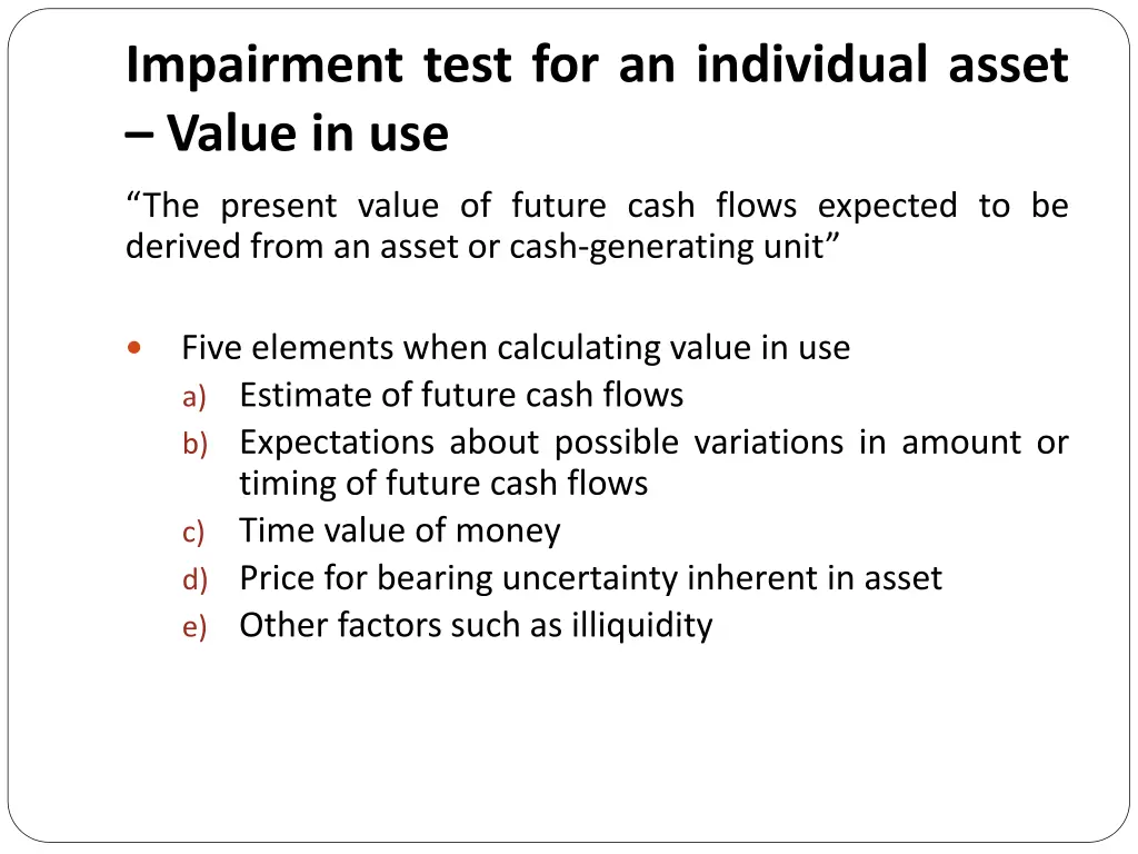 impairment test for an individual asset value