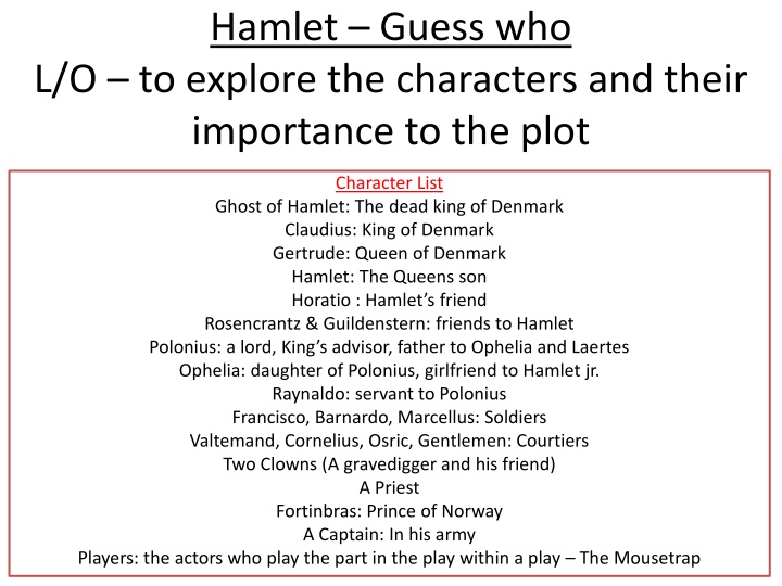 hamlet guess who l o to explore the characters