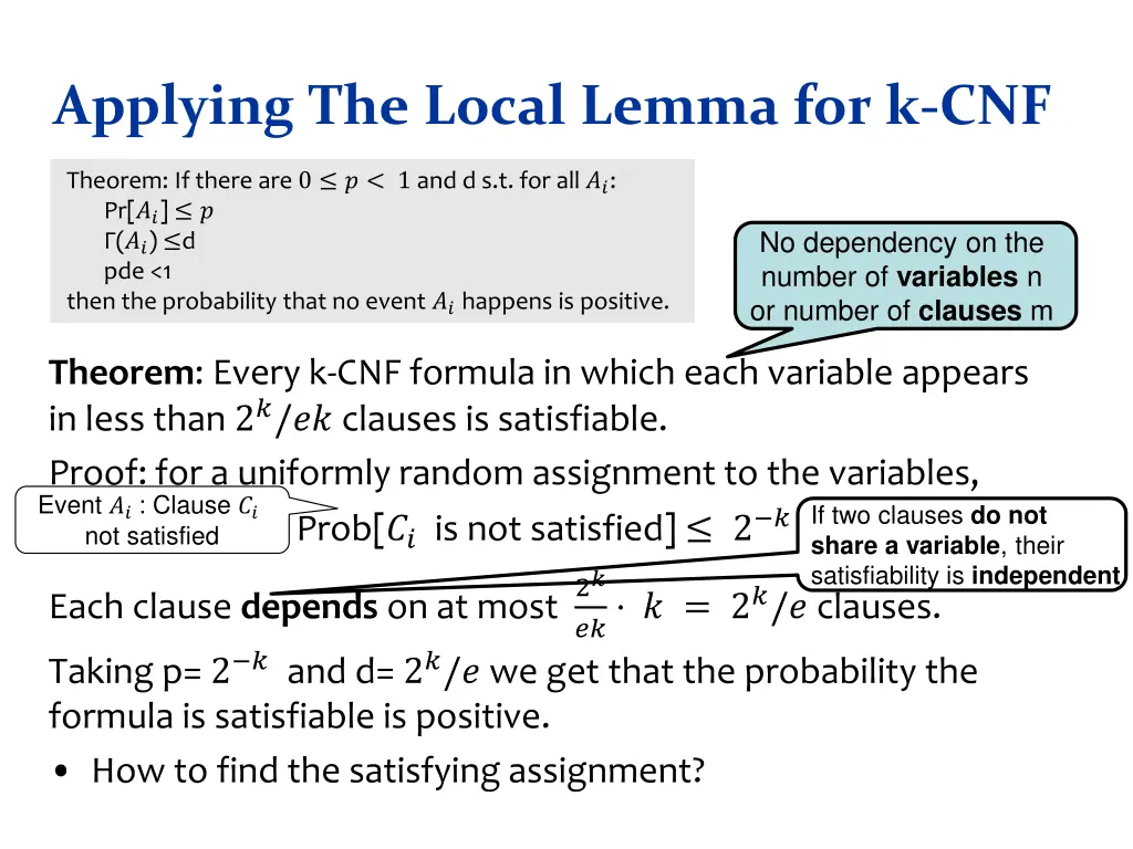 applying the local lemma for k cnf