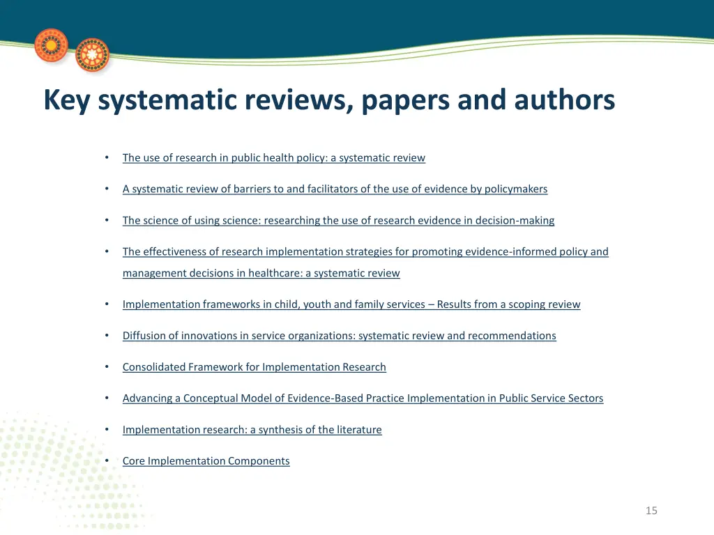 key systematic reviews papers and authors