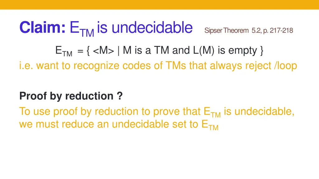 claim e tm is undecidable sipser theorem