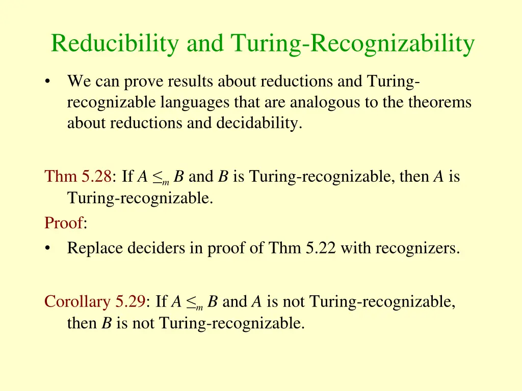 reducibility and turing recognizability