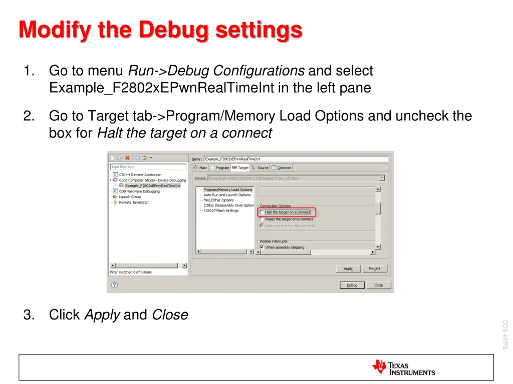 modify the debug settings 1