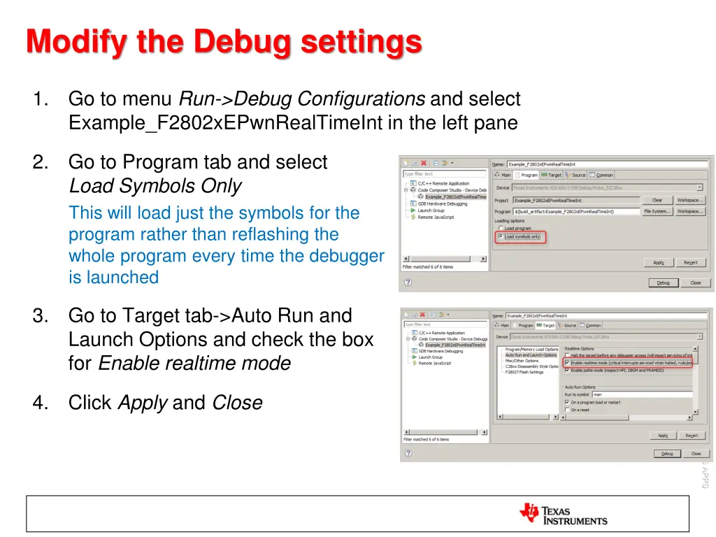 modify the debug settings