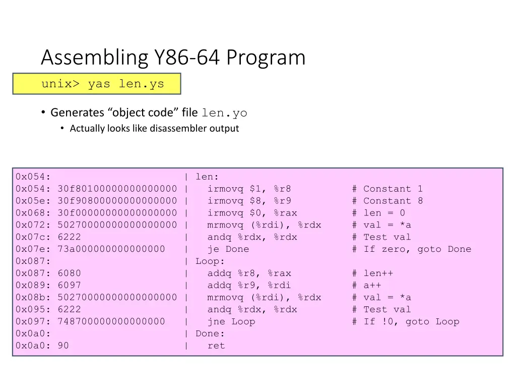 assembling y86 64 program unix yas len ys