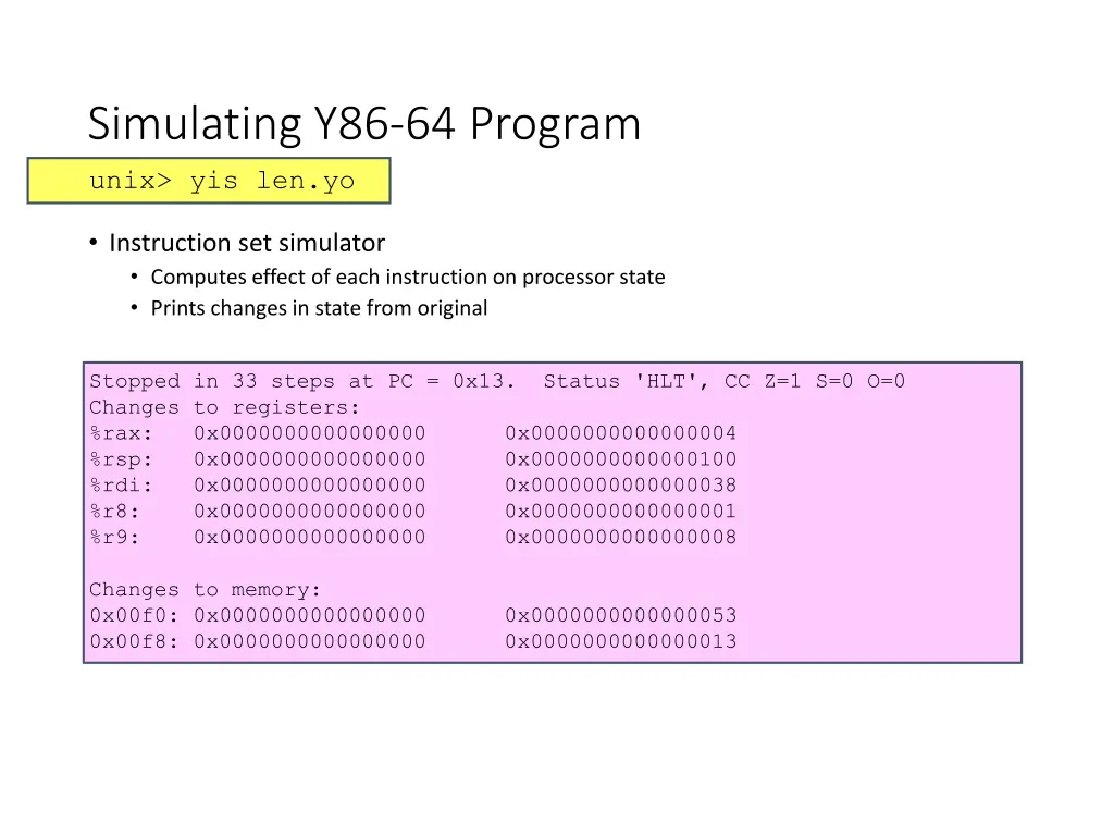 simulating y86 64 program unix yis len yo