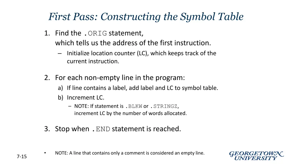 first pass constructing the symbol table