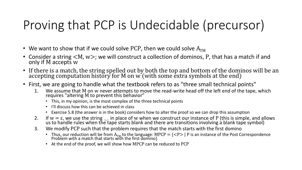 proving that pcp is undecidable precursor