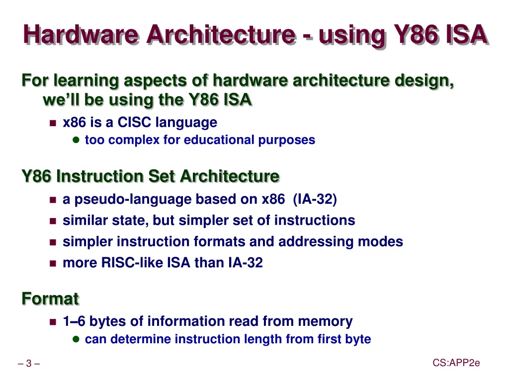 hardware architecture using y86 isa