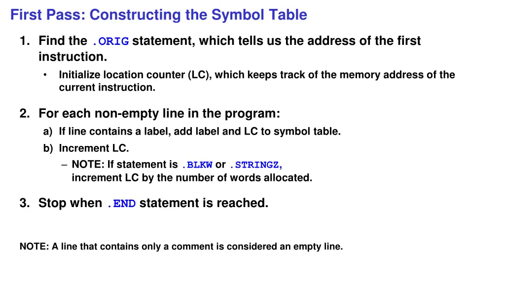 first pass constructing the symbol table