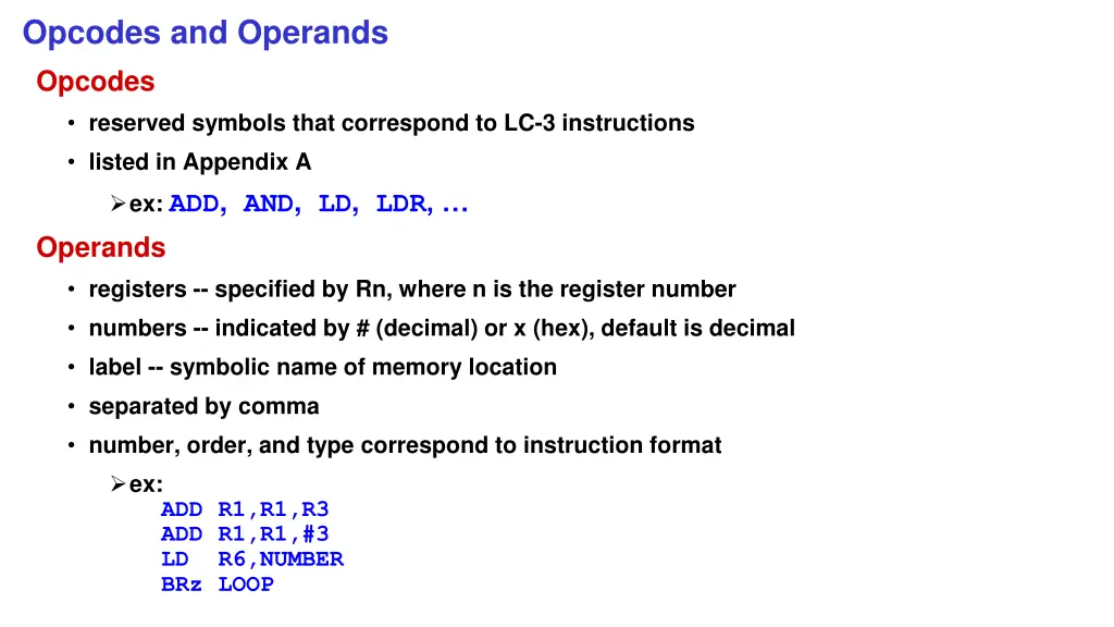 opcodes and operands opcodes reserved symbols