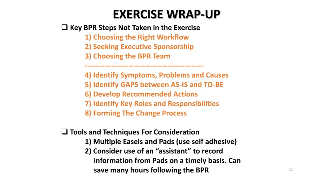 exercise wrap up key bpr steps not taken