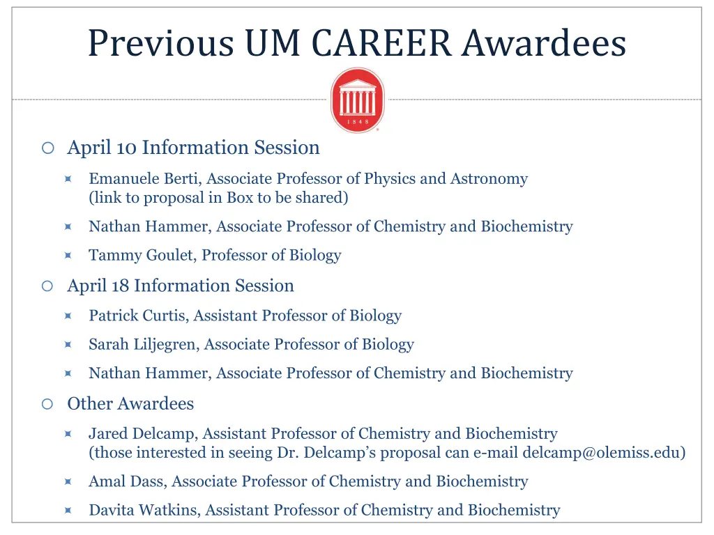 previous um career awardees