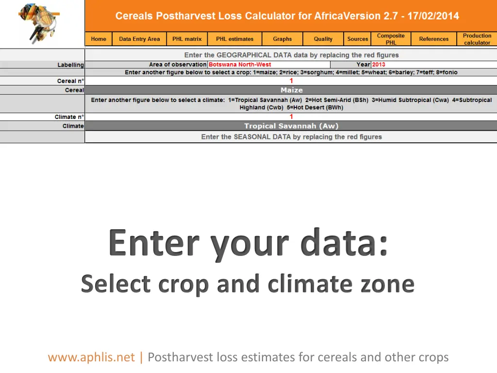 enter your data select crop and climate zone