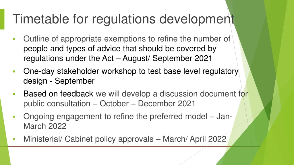 timetable for regulations development