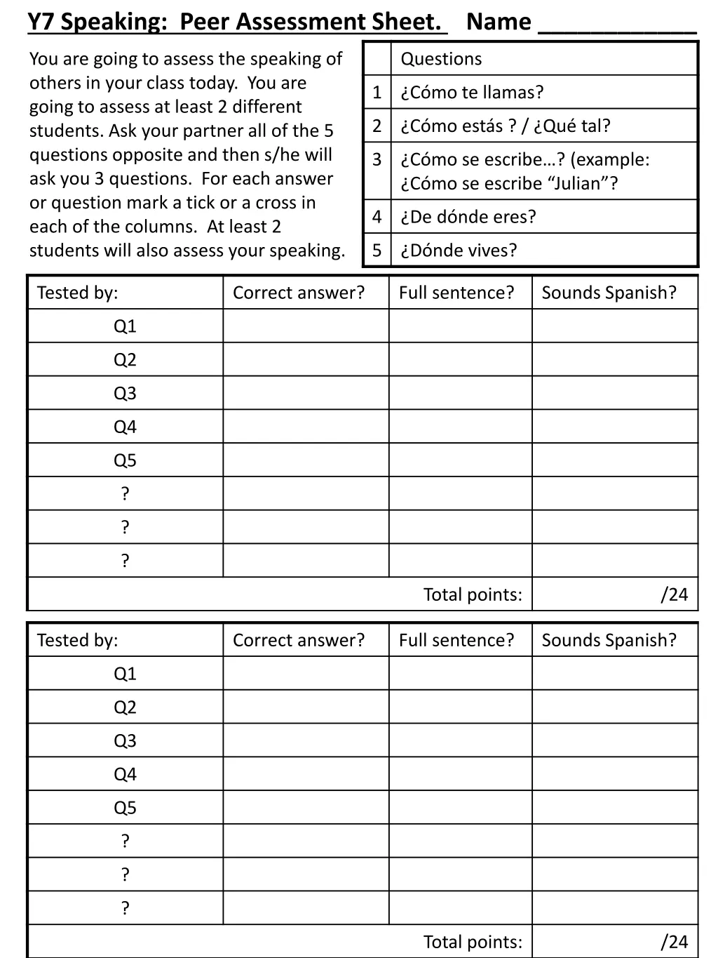 y7 speaking peer assessment sheet name