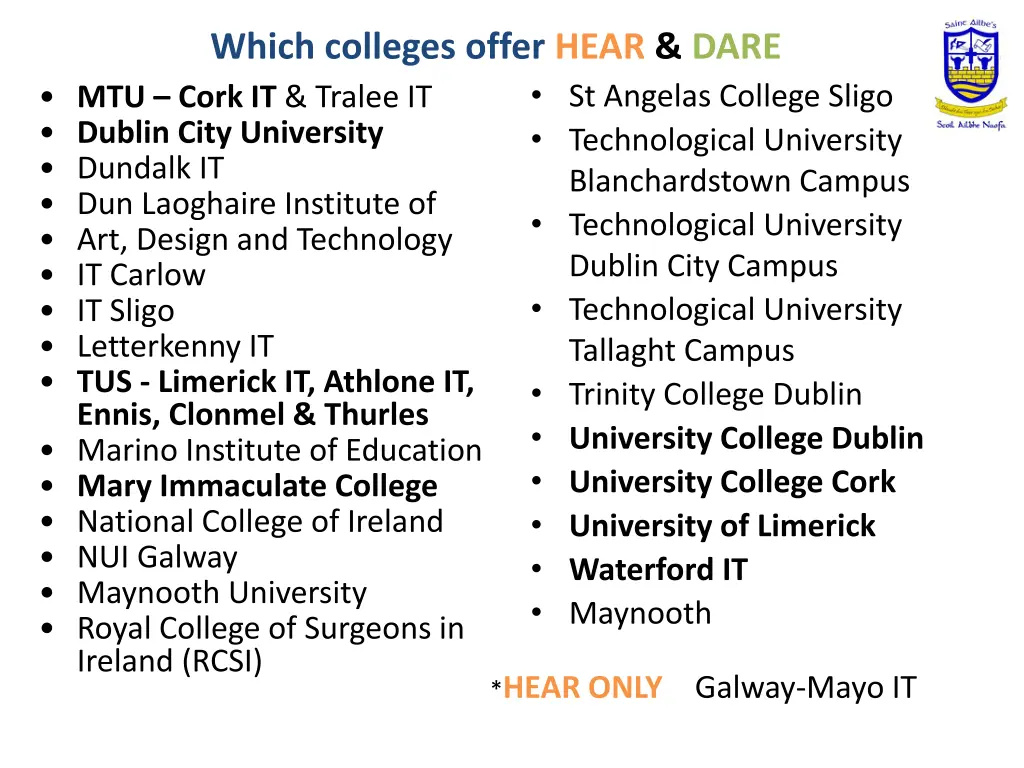 which colleges offer hear dare mtu cork it tralee