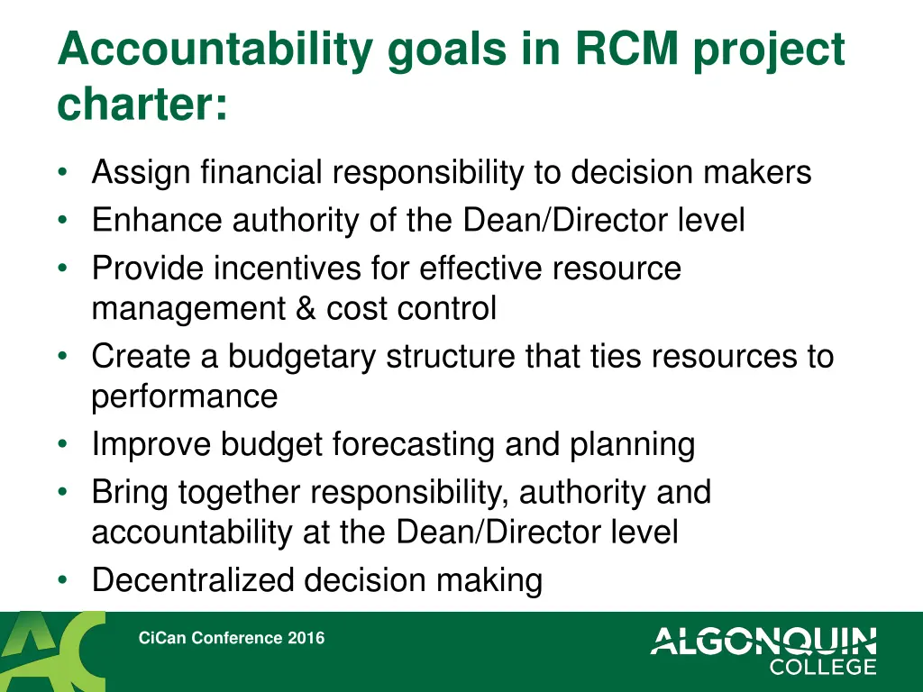 accountability goals in rcm project charter