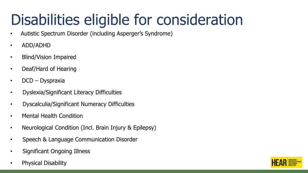 disabilities eligible for consideration