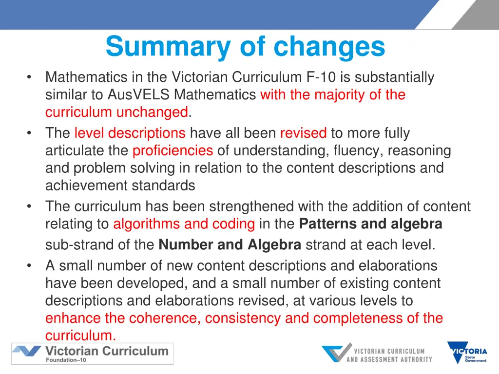 summary of changes mathematics in the victorian