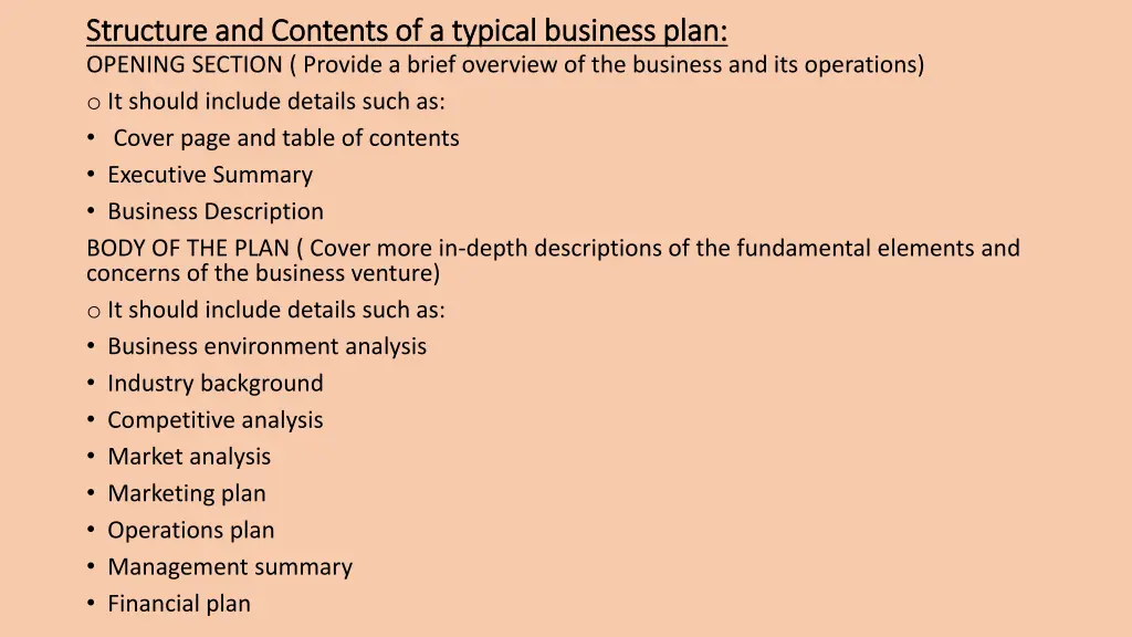 structure and contents of a typical business plan