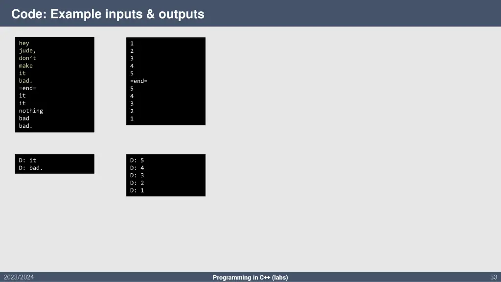 code example inputs outputs