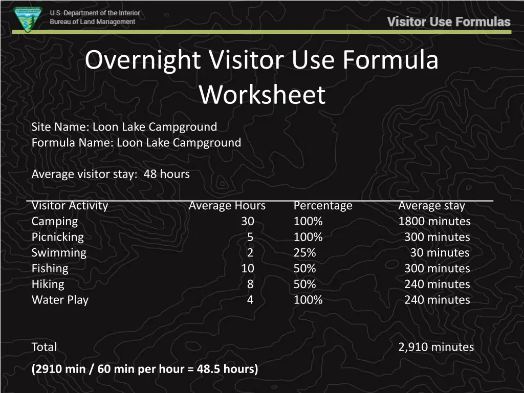 overnight visitor use formula worksheet