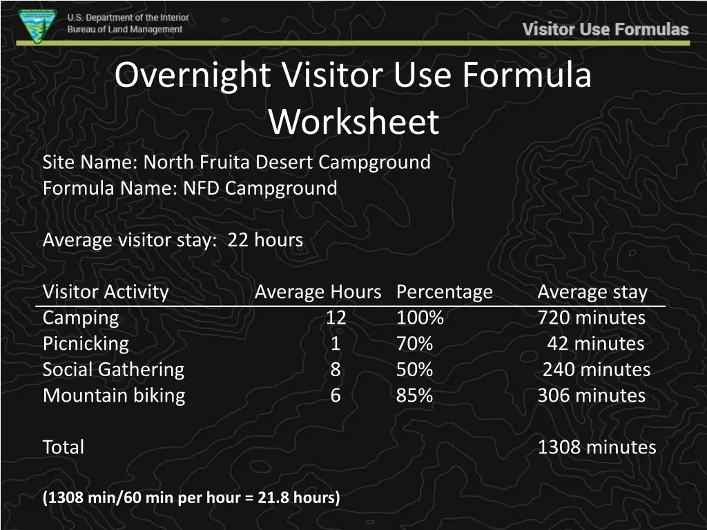 overnight visitor use formula worksheet site name