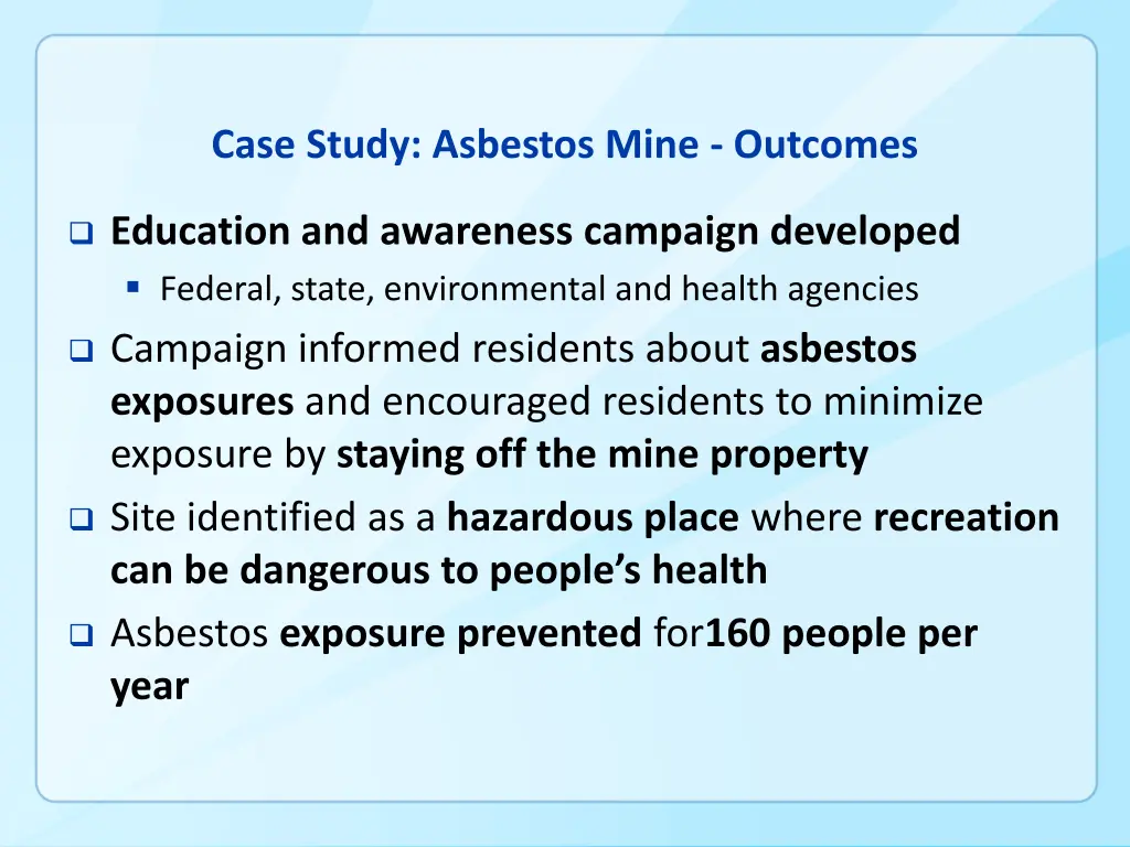 case study asbestos mine outcomes