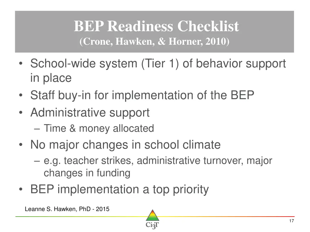 bep readiness checklist crone hawken horner 2010