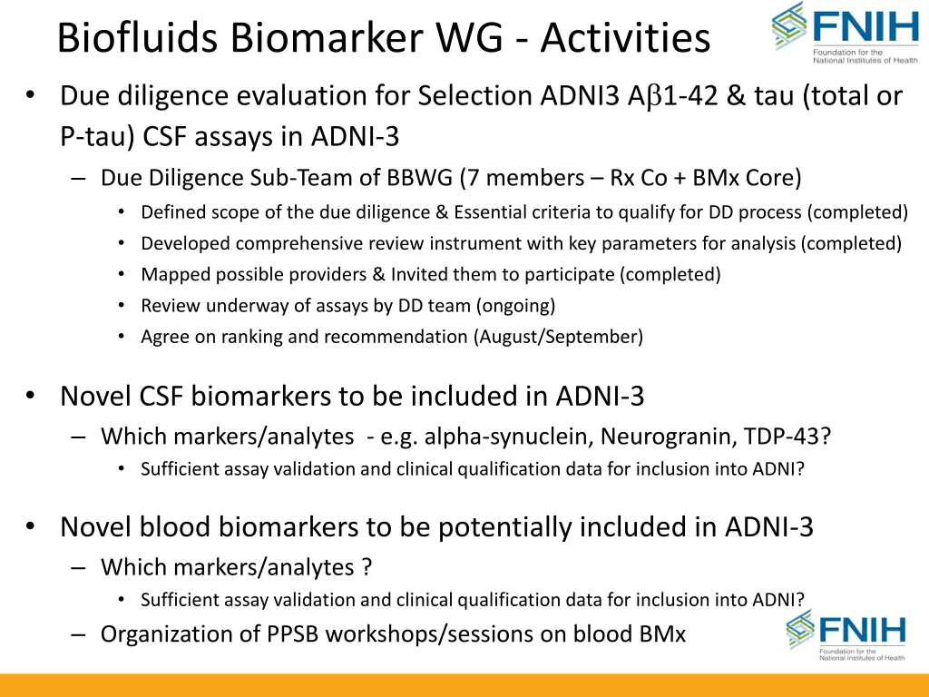 biofluids biomarker wg activities due diligence