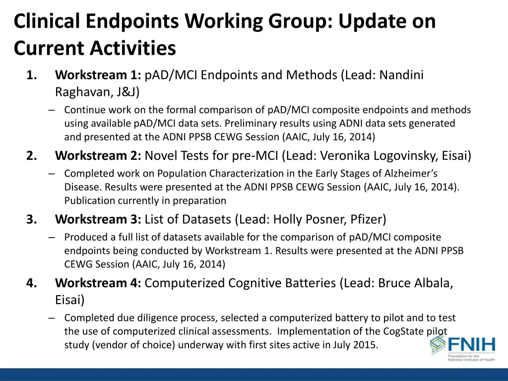 clinical endpoints working group update