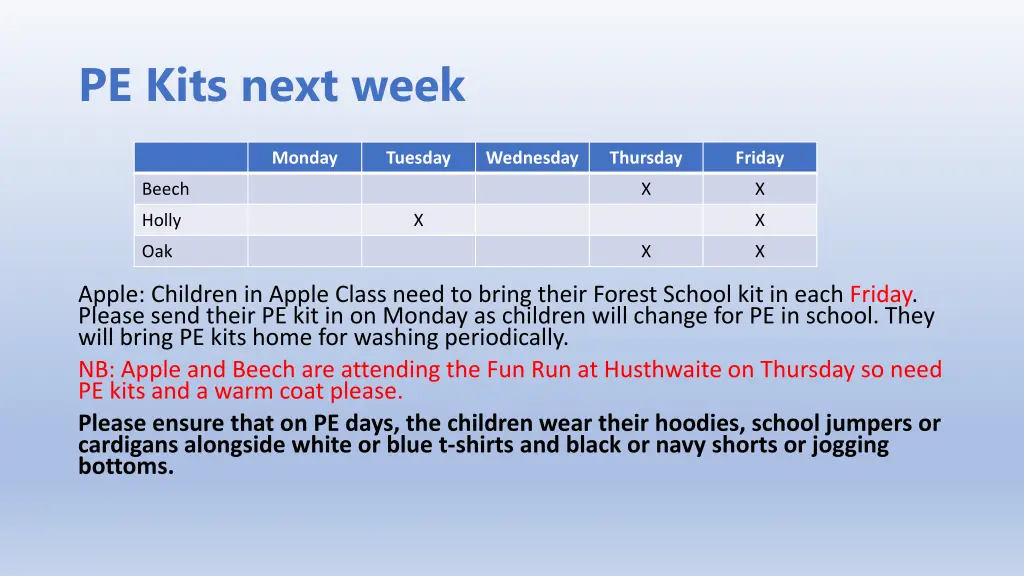 pe kits next week