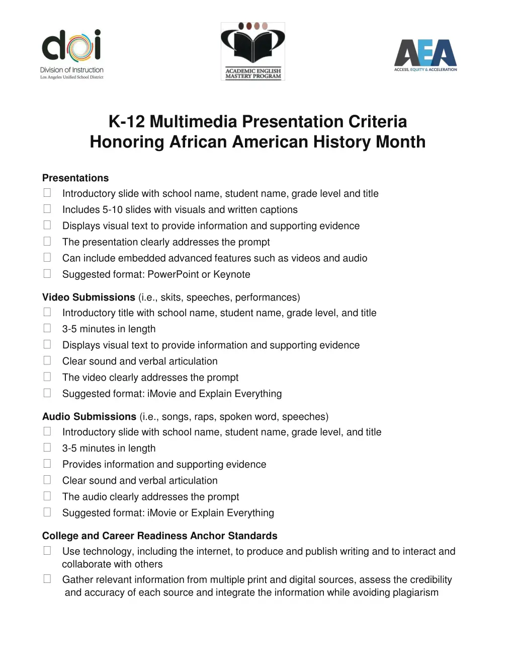 k 12 multimedia presentation criteria honoring