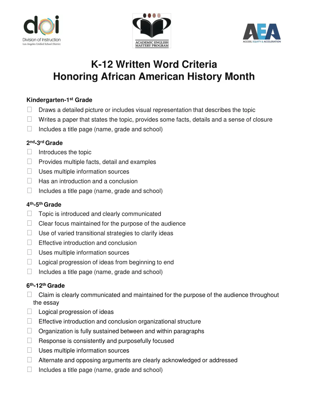 k 12 written word criteria honoring african