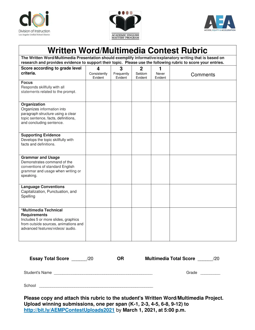 written word multimedia contest rubric