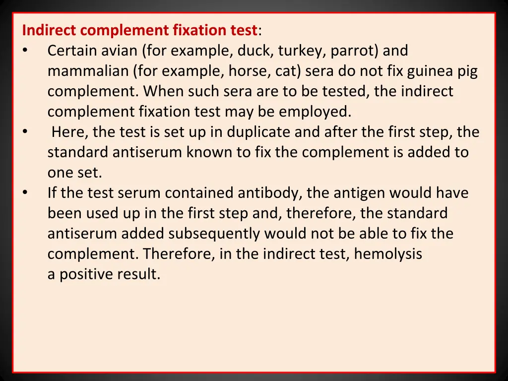 indirect complement fixation test certain avian