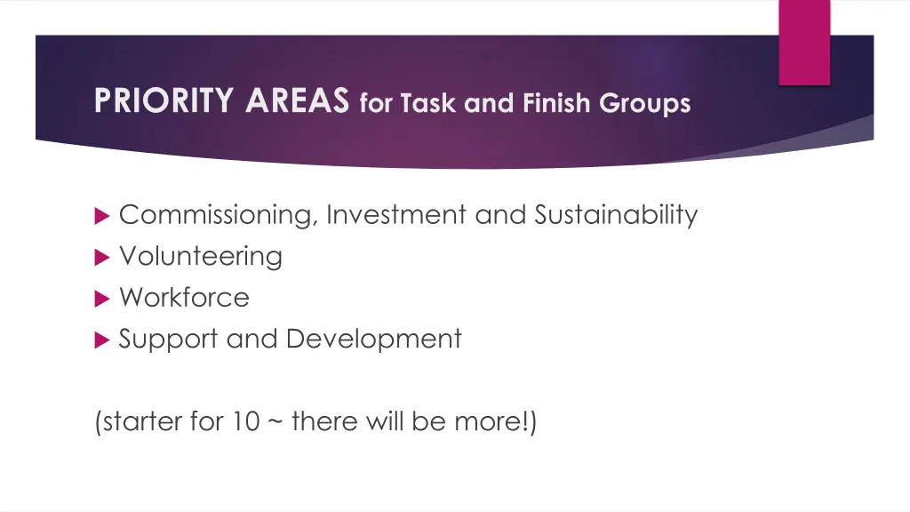 priority areas for task and finish groups