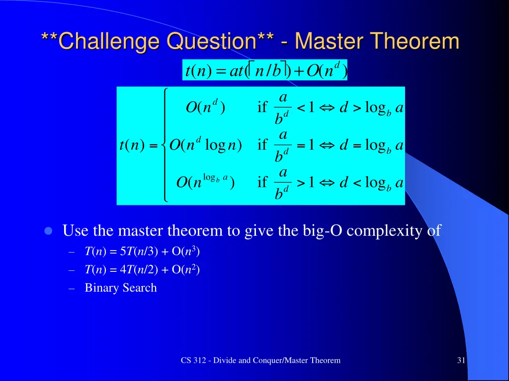 challenge question master theorem t n at n b