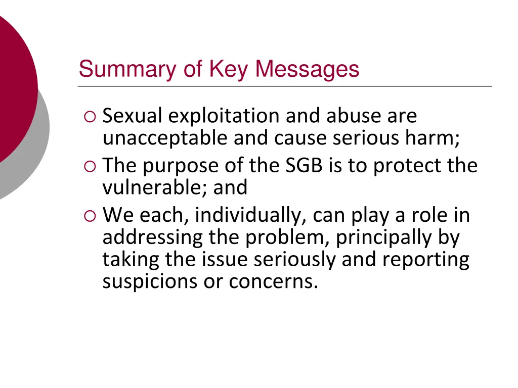 summary of key messages