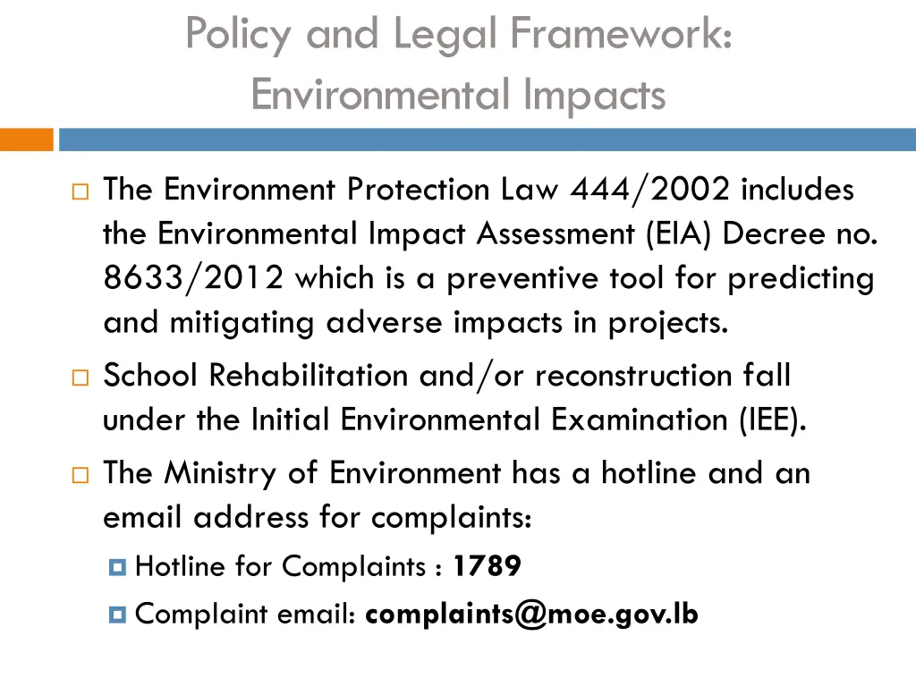 policy and legal framework environmental impacts