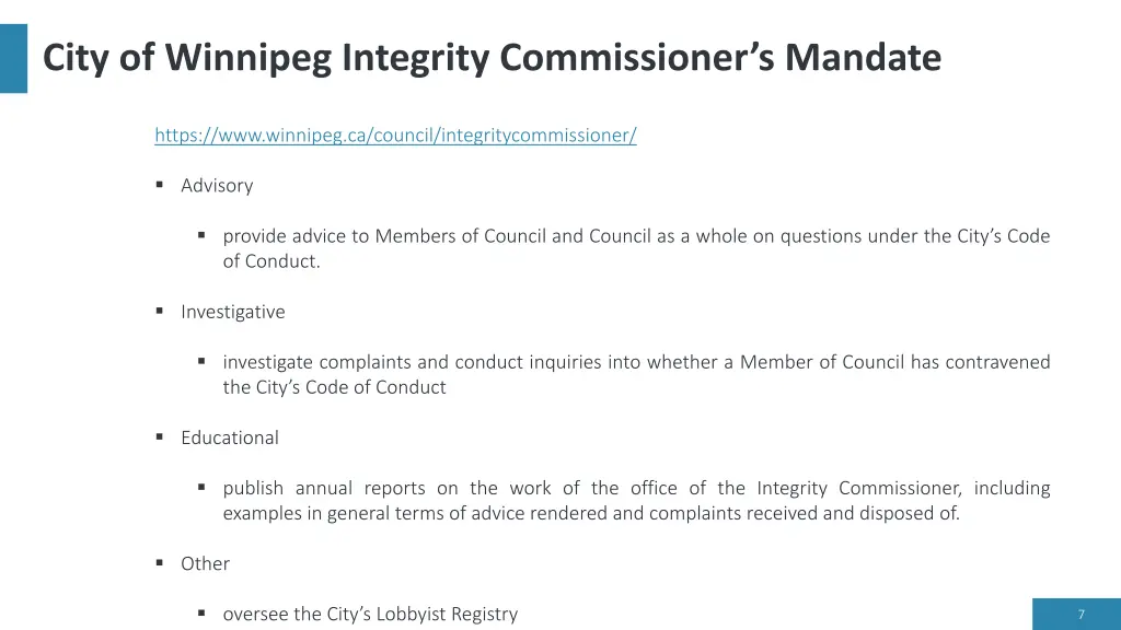 city of winnipeg integrity commissioner s mandate