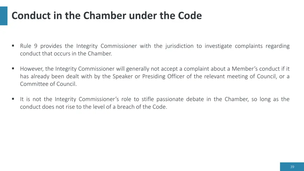 conduct in the chamber under the code