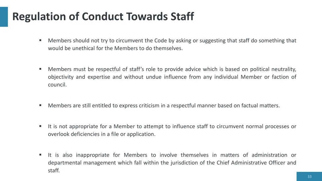 regulation of conduct towards staff