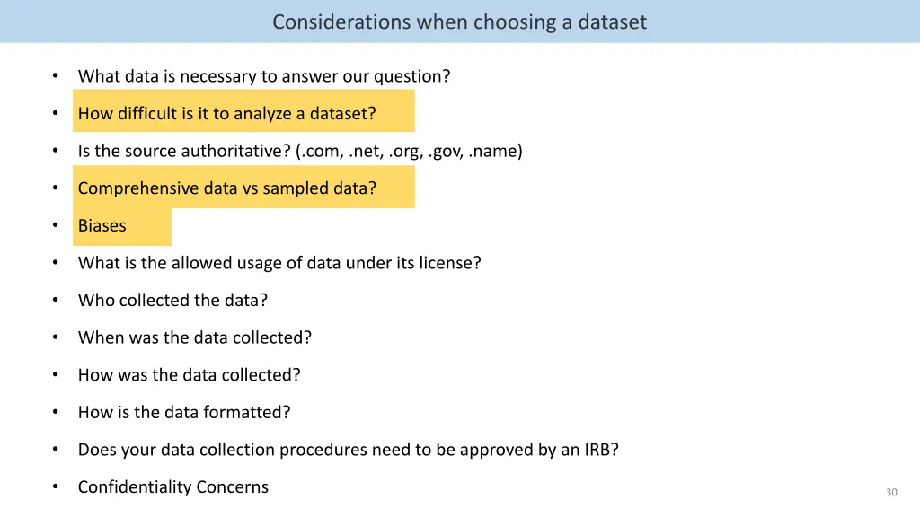 considerations when choosing a dataset 2